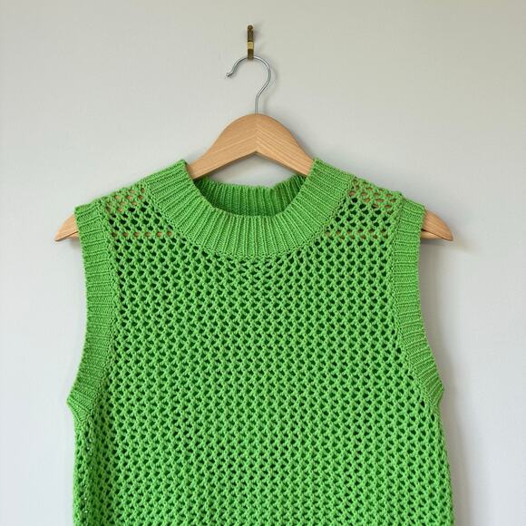 Self Contrast Dade Crop Open Knit Crew Neck Sleeveless Pullover Sweater Green XS - Picture 3 of 6